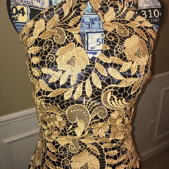 Floor length formal gown. Navy blue and gold - Picture 2 of 6